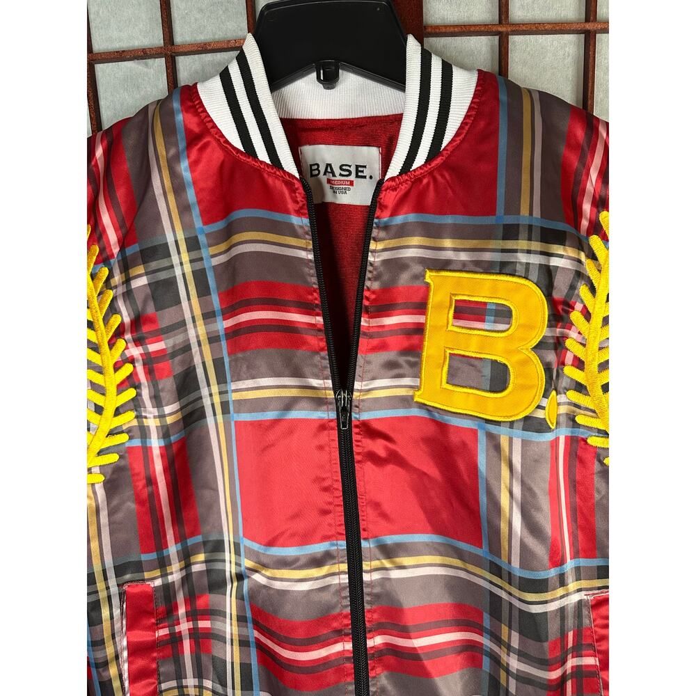 BASE. red plaid bomber jacket with yellow baseball-themed embellishments Size M - Picture 5 of 7